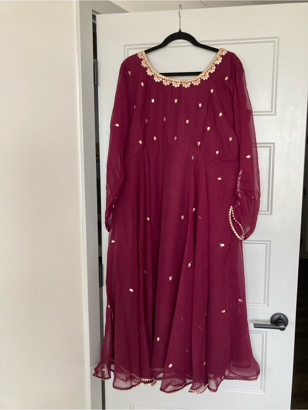 Wine and Gold Embroidered Anarkali Dress with Dupatta and Pants